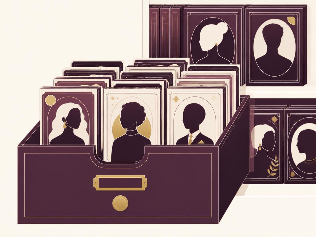 A library drawer of character portrait cards on a shelf