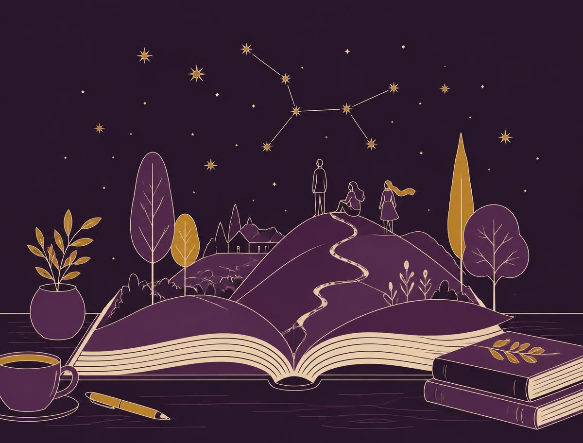 An open book on a desk with a landscape, a small cast of characters, and a constellation of stars rising off its pages